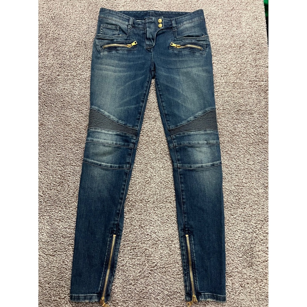 Balmain Paris 38 Biker Moto Skinny Jeans Blue Gold Zipper Made in Italy 995998